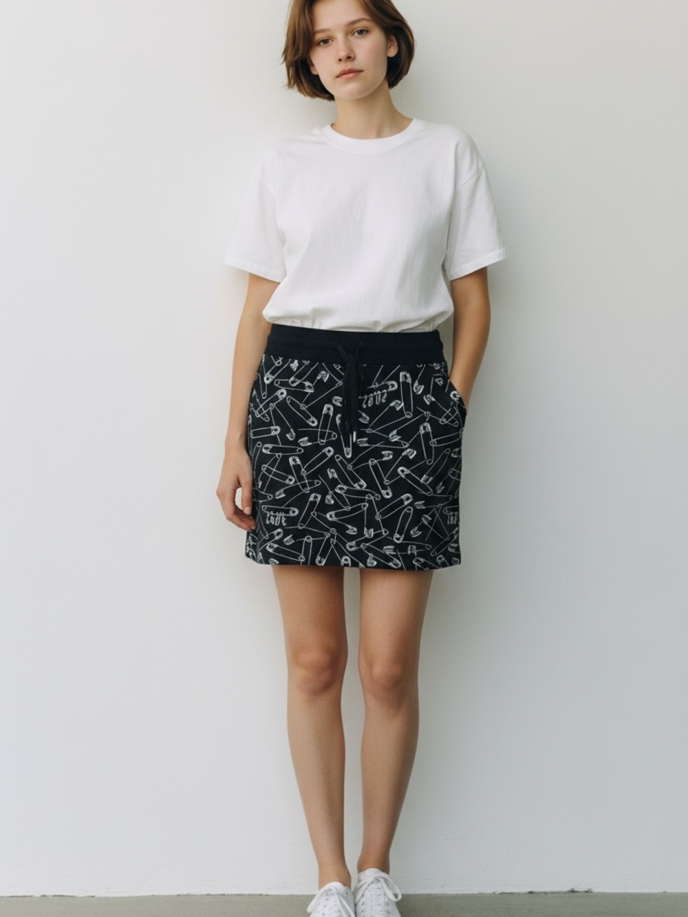 Love Moschino Black Mini Cotton Skirt With White Safety Pin Print View 2